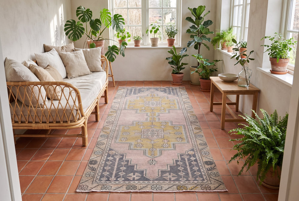 A faded pink vintage Anatolian runner with two mustard medallions and slate blue corners on a terracotta tile floor in a plant-filled sunroom with a rattan daybed