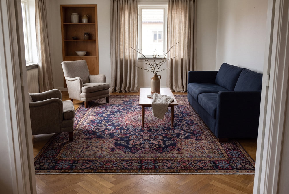 A navy vintage Kerman rug with a rose medallion and floral border under a navy sofa, two armchairs and a wood coffee table on a herringbone oak floor, with heavy linen curtains