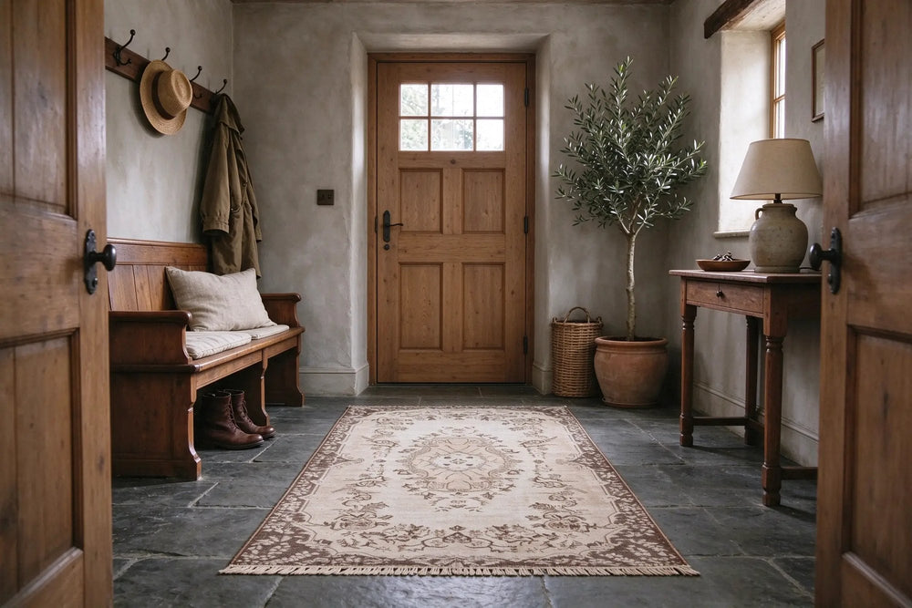 Stone cottage hall with gray limewashed walls and a slate floor, a cream Turkish rug starting a step inside a closed oak front door