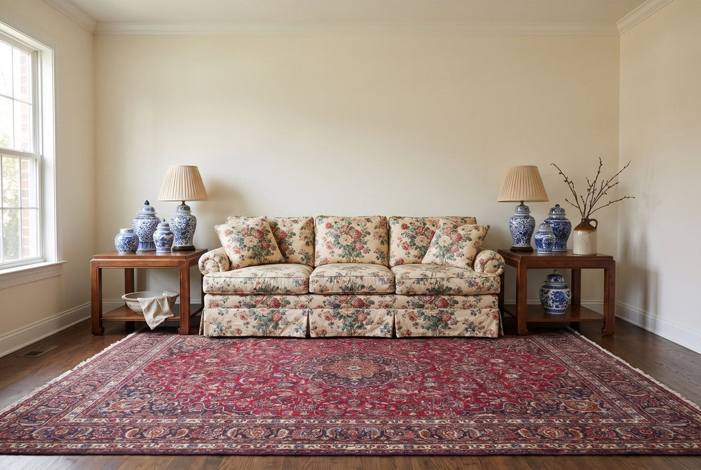 A red vintage Mashhad rug with a navy medallion in a grandmillennial living room with a skirted floral chintz sofa, pleated lamps and blue and white ginger jars on wood side tables