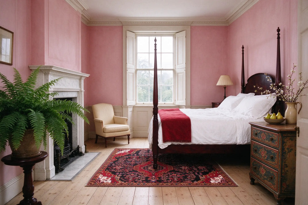 Dusty pink Georgian bedroom, a dark Hamedan rug with a red medallion at the foot of a mahogany four-poster bed on pale pine boards