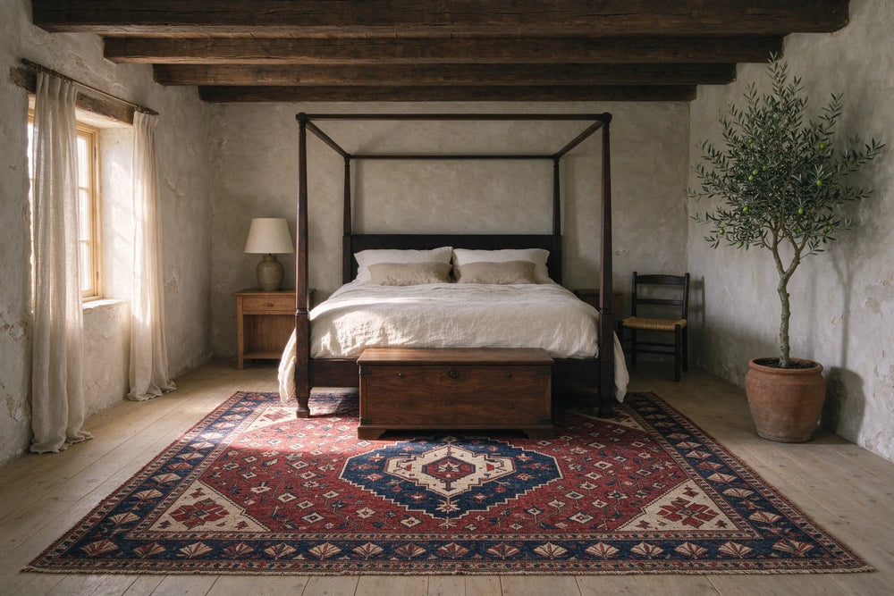 Stone farmhouse bedroom with oak beams, a deep red Heriz rug with a stepped navy medallion and ivory corners before a four-poster bed