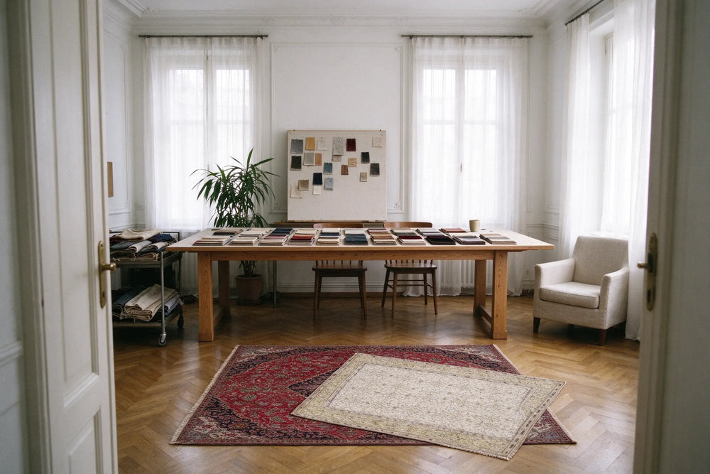 A red Kashan rug with a pale beige rug laid over one corner on herringbone parquet, before a worktable covered in fabric swatches.