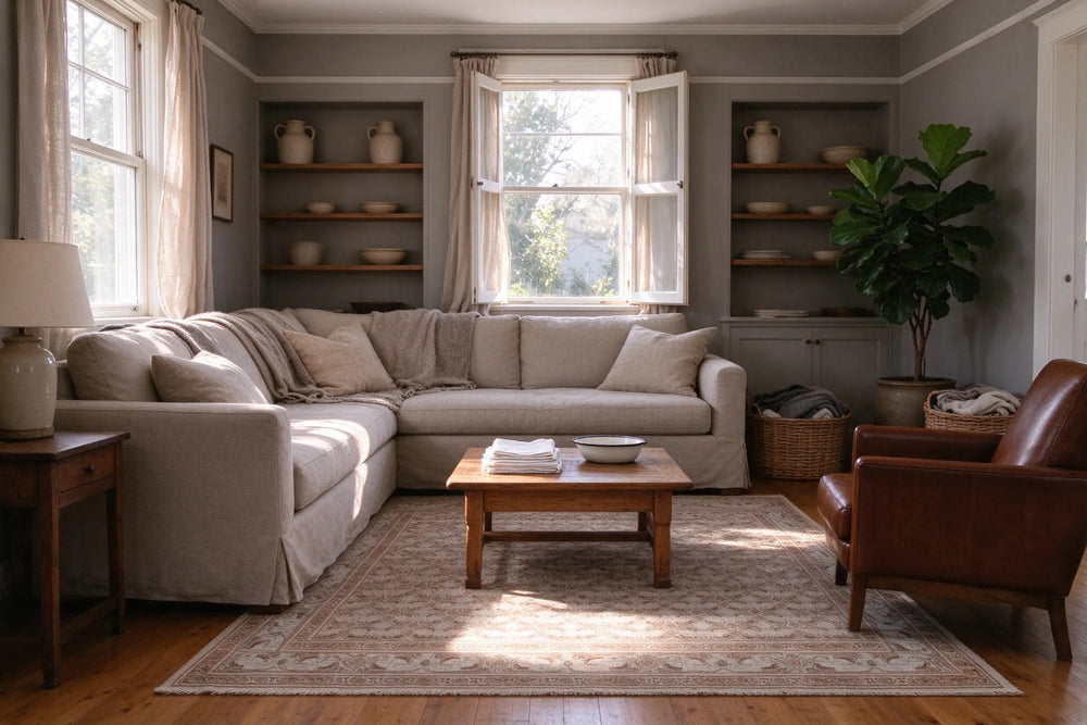 Pale Birjand rug under a linen sectional and oak coffee table holding folded white cloths and an enamel bowl in a gray sitting room