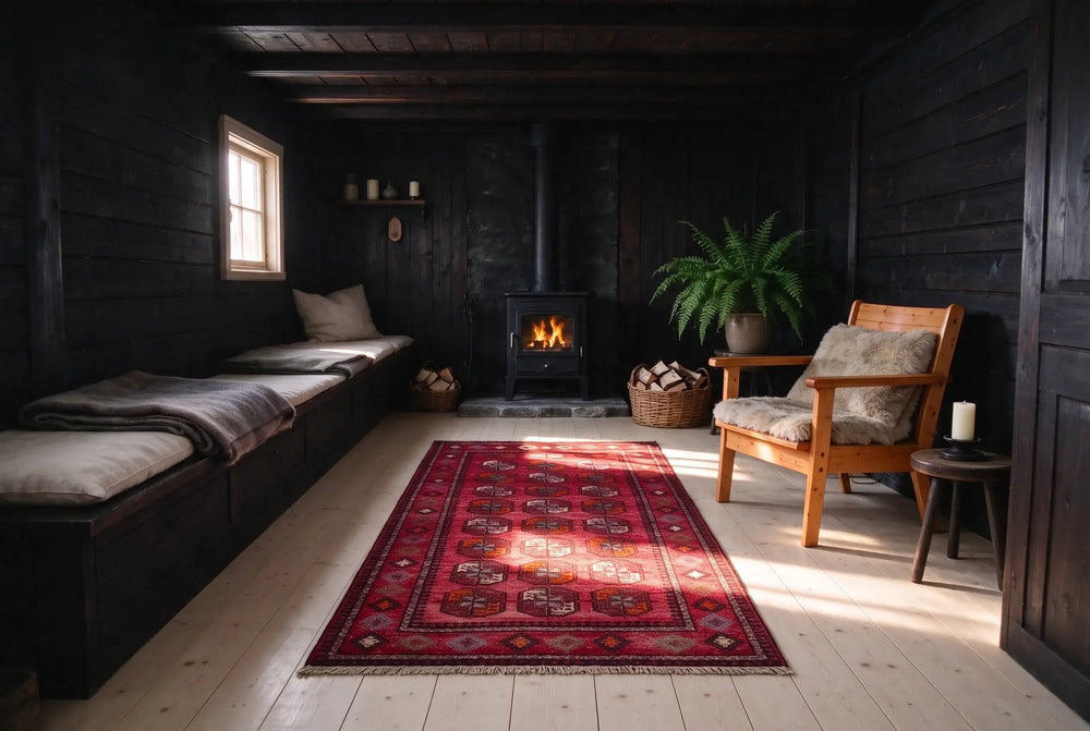 A red Persian rug with rows of octagon motifs lying flat on pale spruce planks in a dark timber cabin with a wood stove.