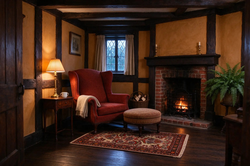 A small cream and red Persian mat lying flat before a rust wingback chair and footstool by a brick hearth in an ochre Tudor cottage.