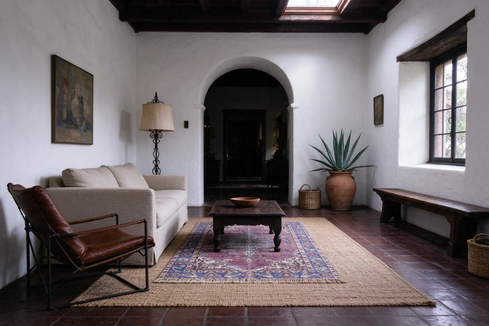 A dusty rose and blue wool rug layered on a large jute rug in a white stucco room with an arched doorway and leather chair.