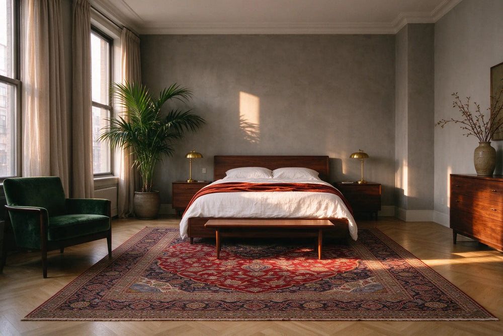 Prewar bedroom in late sun, a deep red Kashan rug with a navy border under a walnut bed, green velvet armchair and a palm