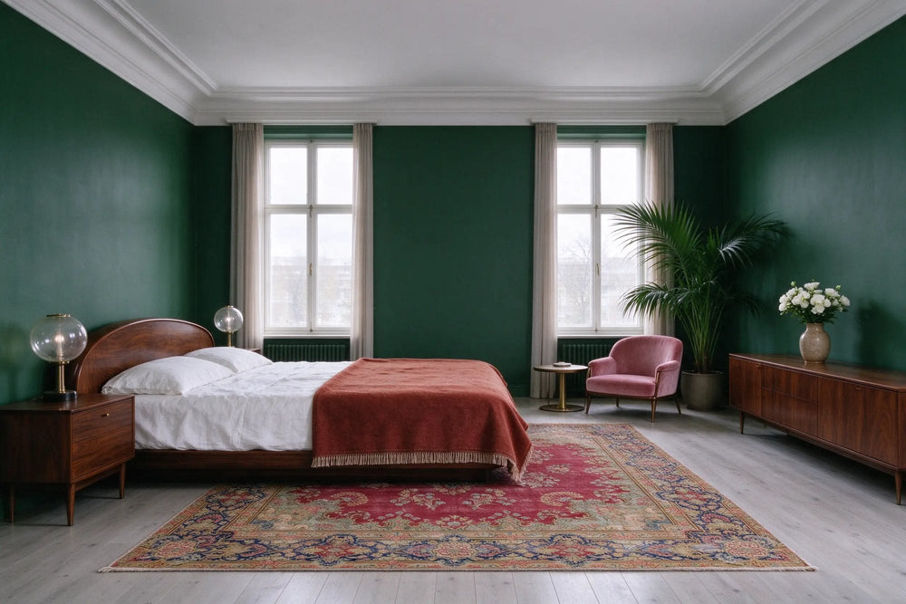 Bottle green Art Deco bedroom, a large red Kerman rug with a floral medallion and navy border under a walnut bed with a rust blanket