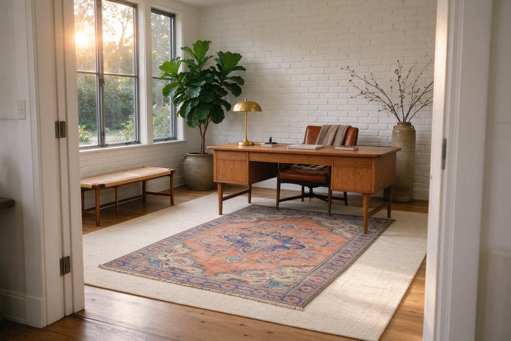 Sunny study with white brick walls, a terracotta and blue Turkish rug layered over a cream flatweave on oak, with an oak desk