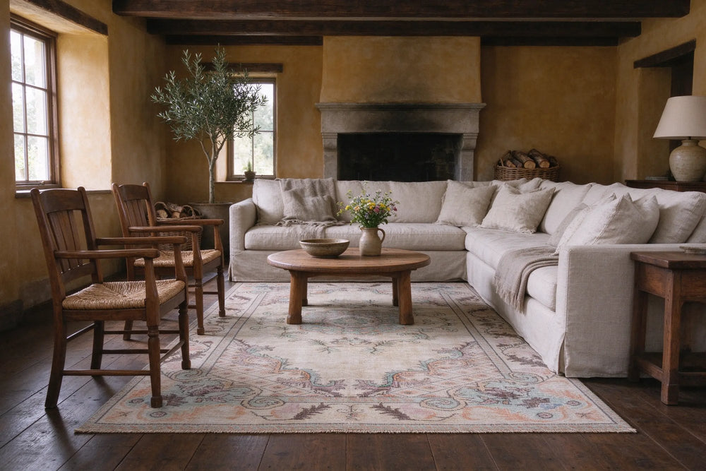 Stone farmhouse sitting room with ochre walls, a pale cream and rose rug under a linen sectional, two rush chairs and an oak table