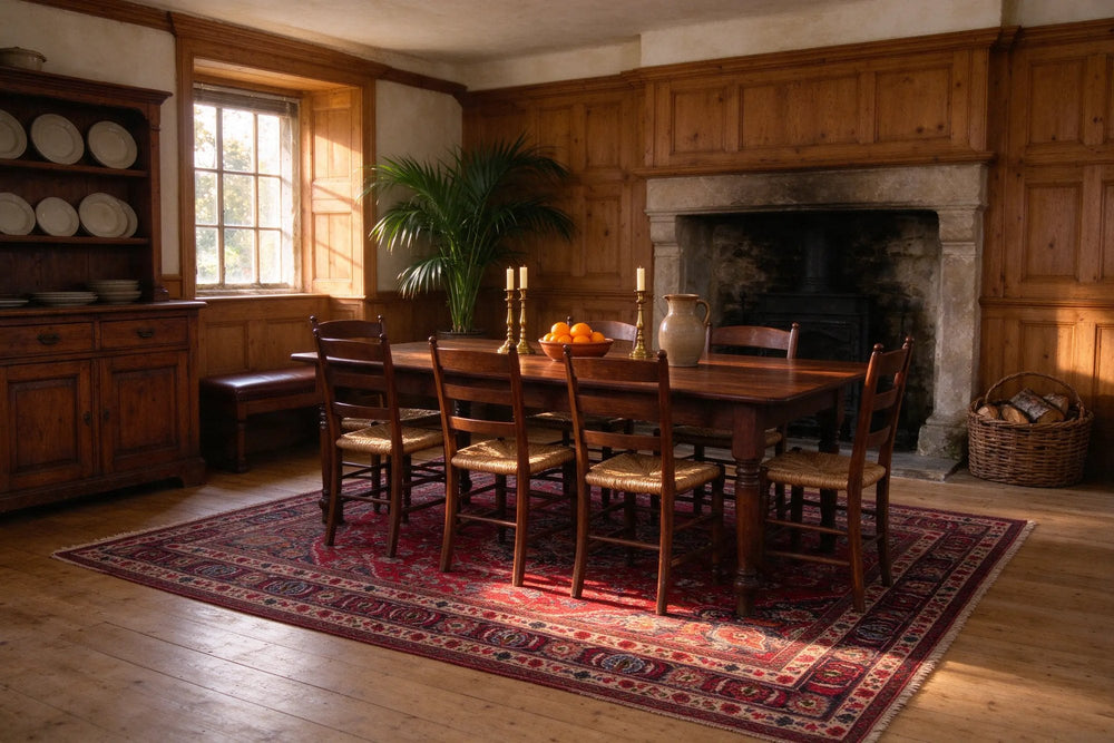 Oak-paneled dining room in a stone manor house, a deep red Mashhad rug under a long walnut table with rush-seated chairs, stone fireplace beyond