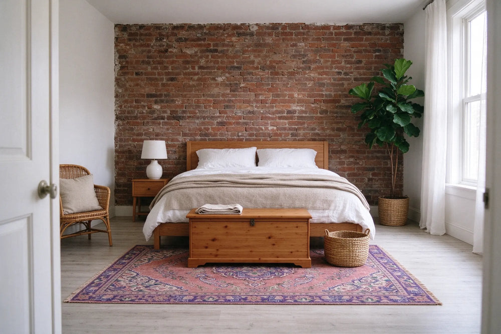 Bright bedroom with a brick wall, a double bed, a wooden chest at its foot and a dusty rose and purple rug on pale boards