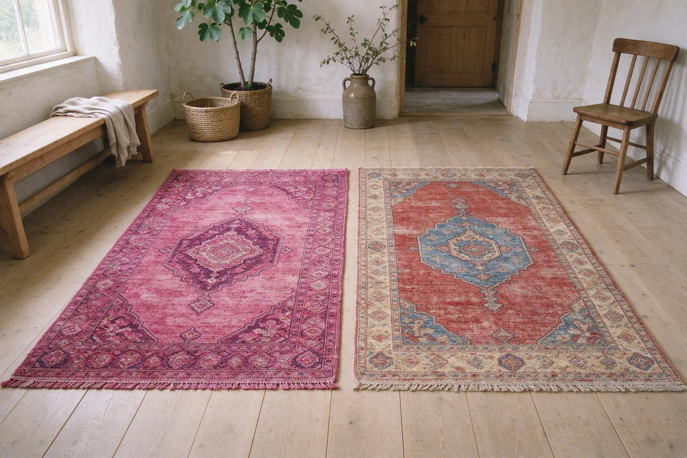 Two old rugs side by side on pale oak boards: one overdyed raspberry pink all over, one faded red, blue and ivory