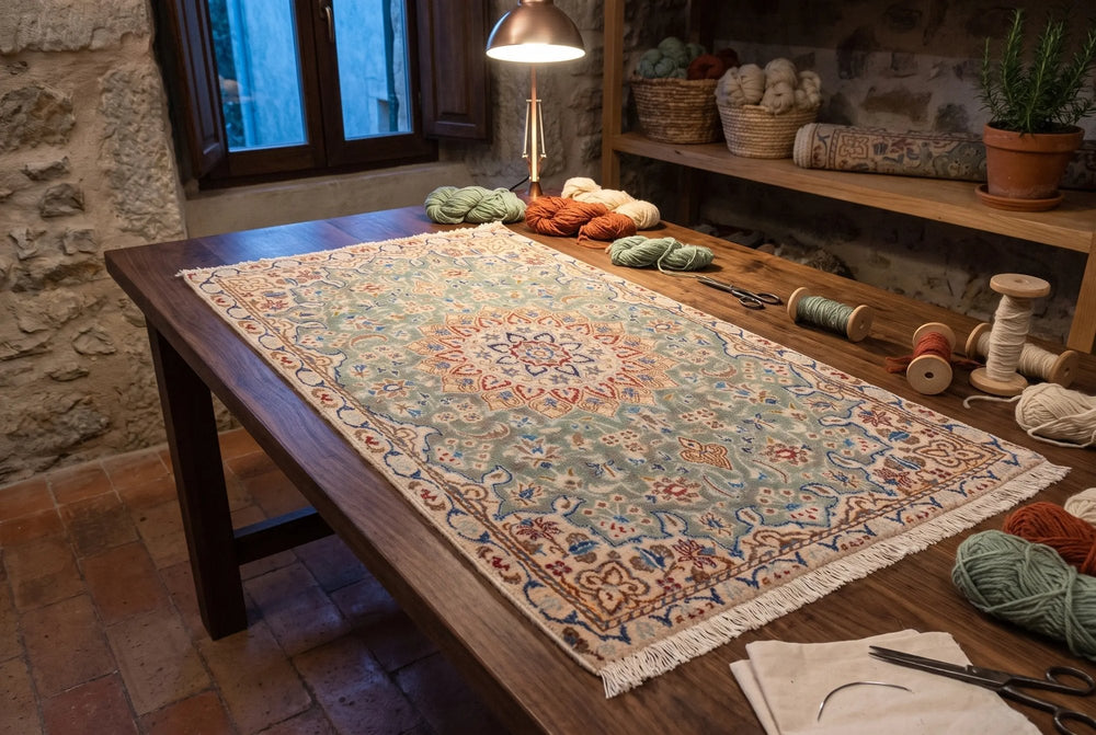 Small sage green Persian rug on a walnut work table in a stone-walled room, with skeins of wool, bobbins, scissors and a work lamp