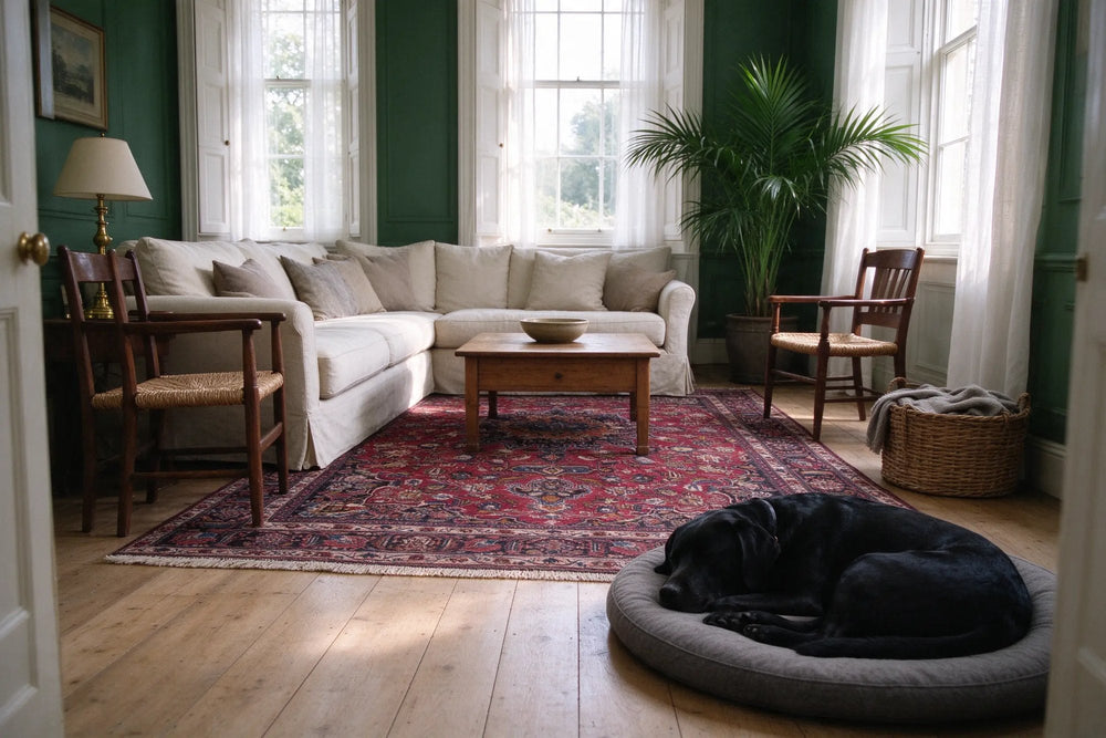 A black Labrador asleep on a dog bed at the edge of a burgundy Persian rug in a deep green sitting room with sheer curtains.
