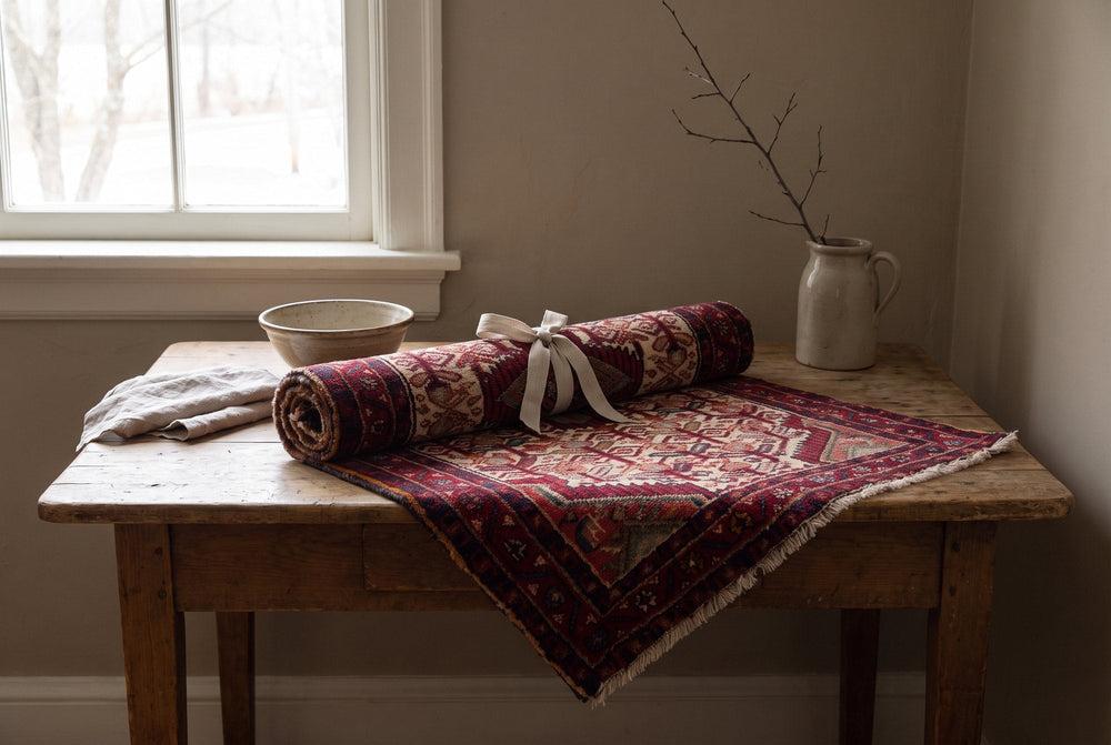 A small vintage Hamedan rug with a cream field and red border rolled loosely and tied with a plain linen ribbon on a scrubbed wooden table by a winter window