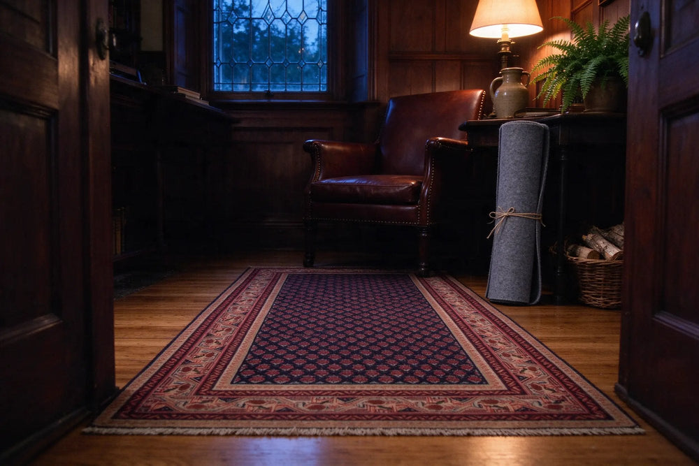 Dark paneled study at dusk, a navy and red botteh rug flat on oak boards, a rolled gray felt pad beside a leather chair