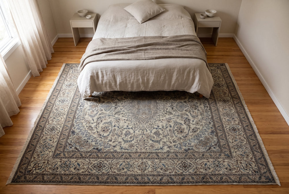 A cream Nain rug centered under the lower two-thirds of a bed, nightstands on bare oak floor, seen from above