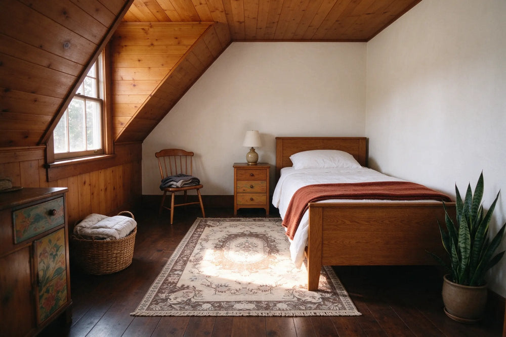 Attic guest room with fir-lined sloped ceilings, a twin bed and a cream rug with a brown border on dark floorboards
