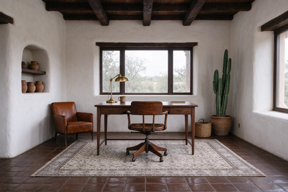 Adobe home office with white plaster walls, a walnut desk and a wooden swivel chair on casters on a pale low-pile rug