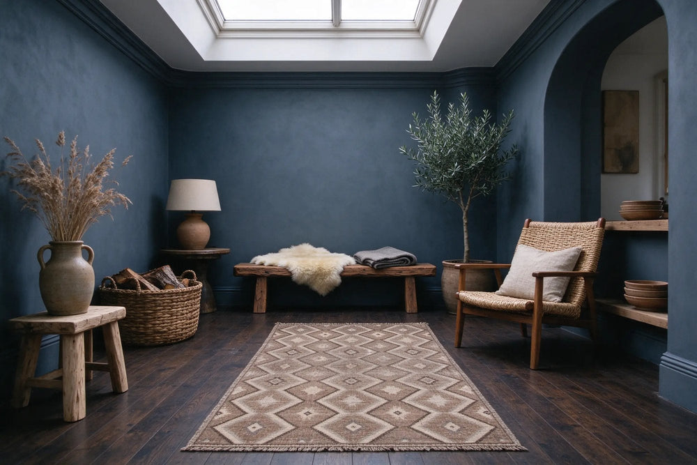 Dark blue-gray room under a skylight with a small taupe geometric rug, rustic oak bench with sheepskin, rush armchair, olive tree and baskets