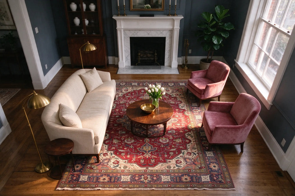 Blue-gray living room, a large red Tabriz rug with a formal medallion under a cream sofa, rose velvet armchairs and a round walnut table