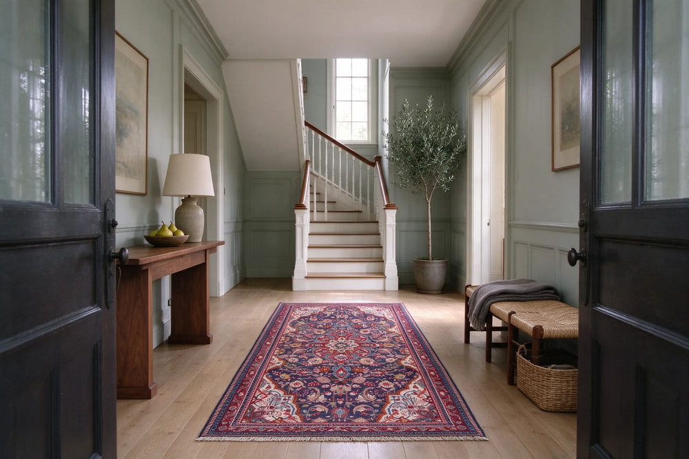 Entrance hall with gray-green paneling and a white staircase, a navy and red Mahal rug between a walnut console and a rush bench