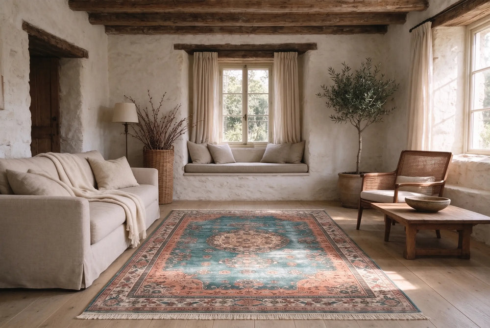 Stone farmhouse sitting room with white plaster walls, a teal and terracotta Isparta rug in low sun before a linen sofa and cane chair