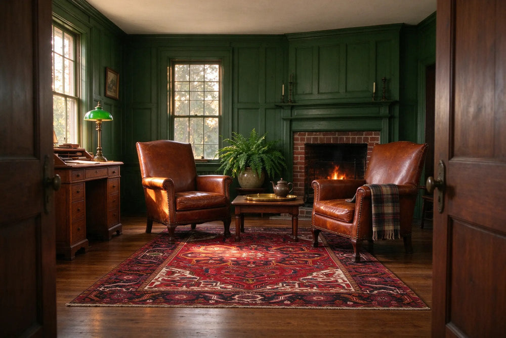 Study with deep green paneling and a brick fireplace, two worn leather club chairs on a deep red Heriz-family rug with a stepped medallion