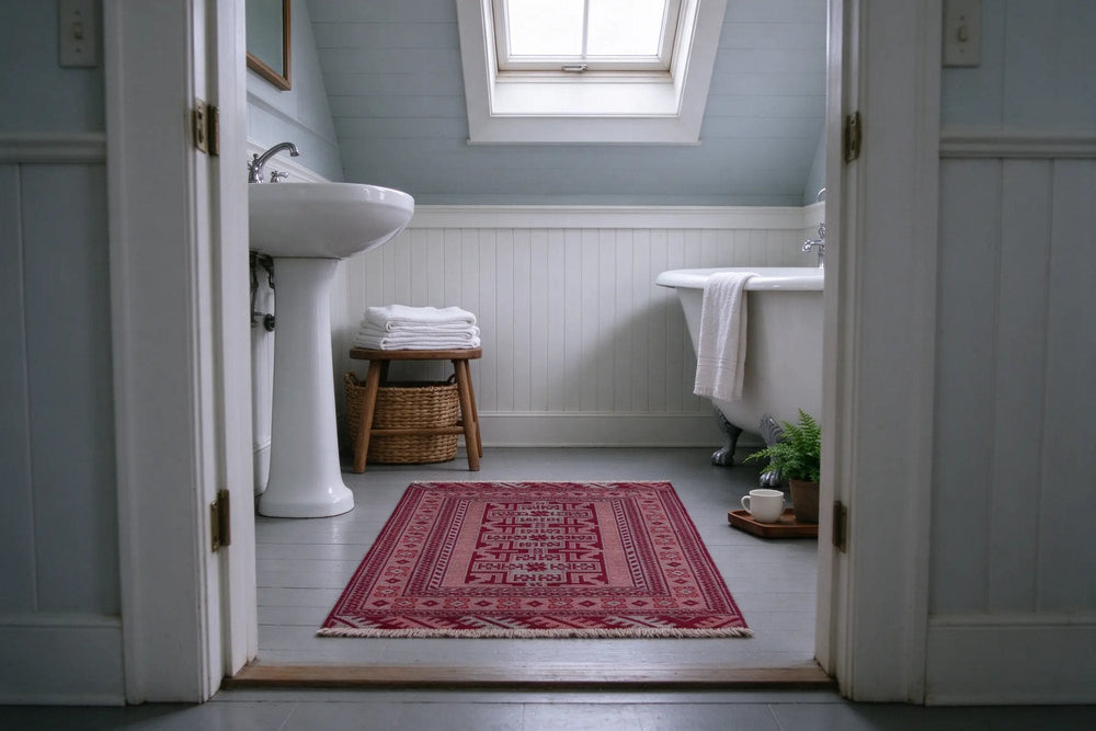 A small red Torkaman rug on a gray painted bathroom floor between a pedestal sink and a clawfoot tub, seen through the doorway.