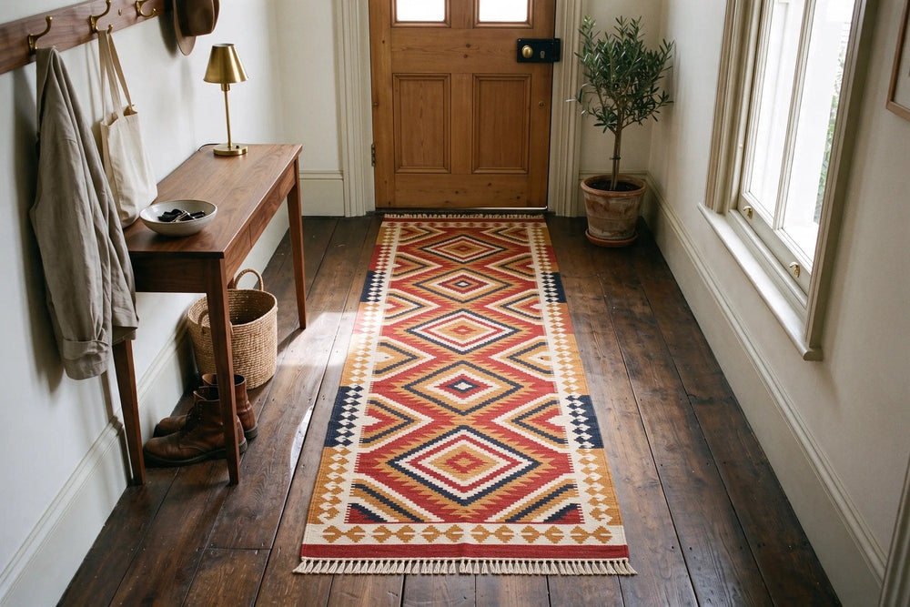 Flat-woven kilim runner with red, ochre and navy stepped diamonds on the dark boards of an entrance hall with a walnut console