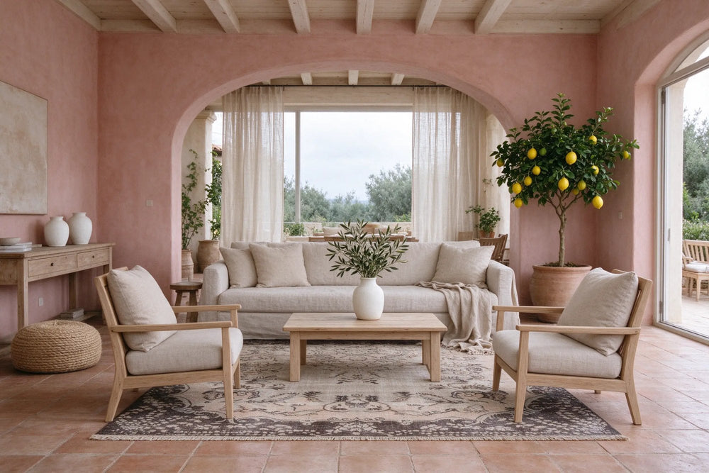 Airy villa living room with clay pink walls, terracotta floor, linen sofa and pale oak armchairs on a beige rug with a charcoal border