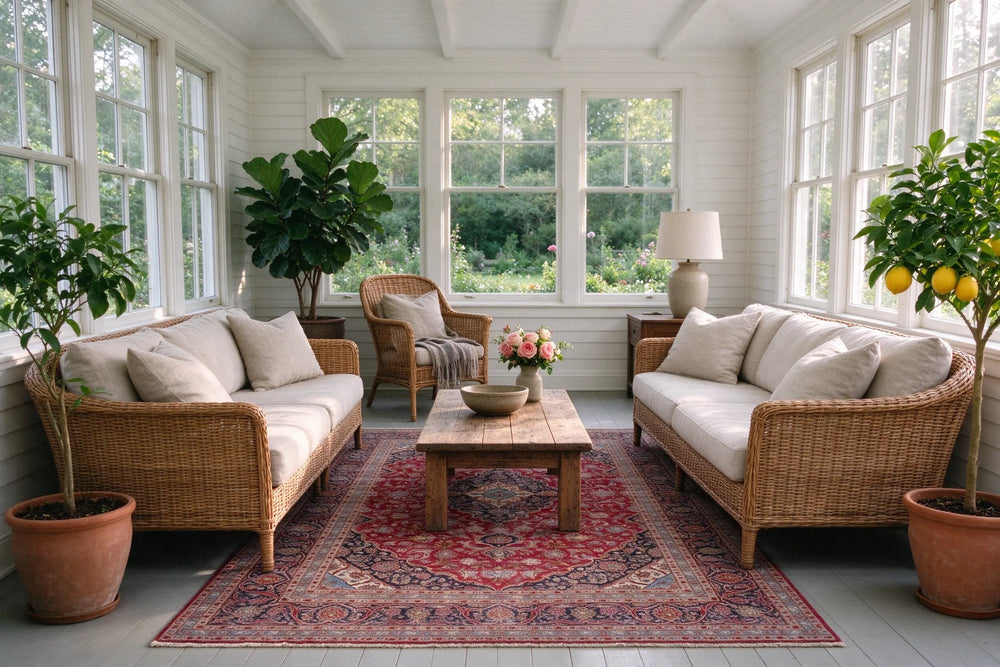 White clapboard sunroom with two rattan sofas, an oak coffee table and potted lemon trees around a red and navy Persian Kashan rug