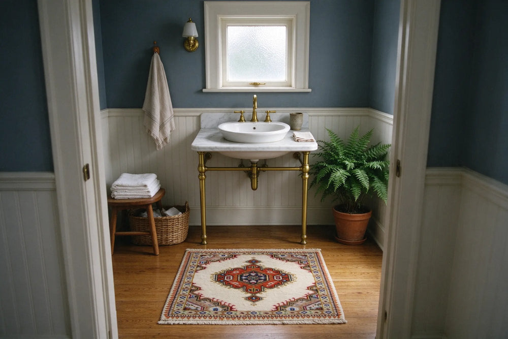 Small powder room with blue-gray walls, white beadboard and a marble washstand on brass legs, an ivory Tabriz rug on honey oak