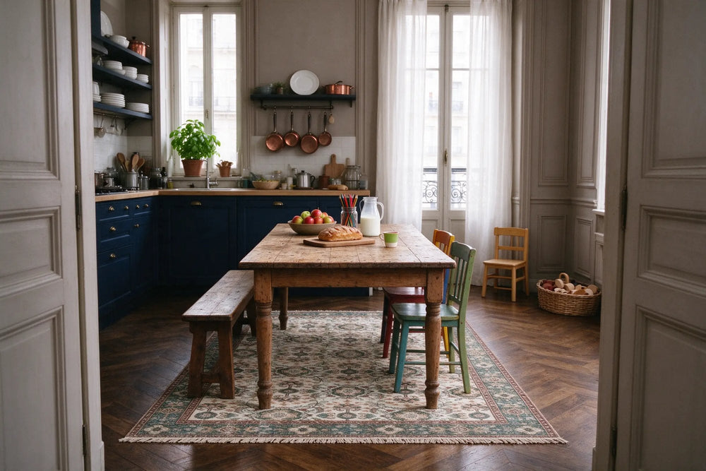 Family kitchen and dining room seen through double doors, pine farmhouse table, bench and painted chairs on an ivory rug with a teal border