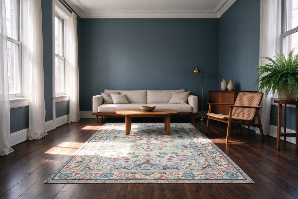 Living room with blue-gray walls and dark wide planks, a pale mint and rose rug laid loose with bare floor around it