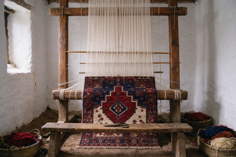 Upright wooden loom in a whitewashed village house, a red, indigo and ivory knotted rug on the lower warp, baskets of wool