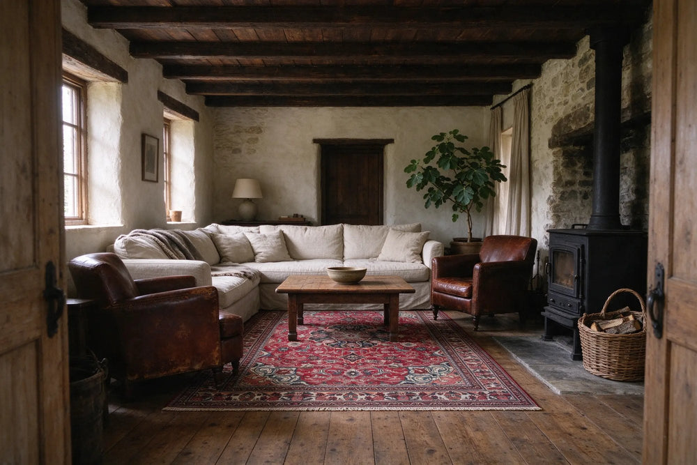 Stone farmhouse living room with dark beams, a linen corner sofa and two worn leather armchairs around a red Mahal rug by a wood stove