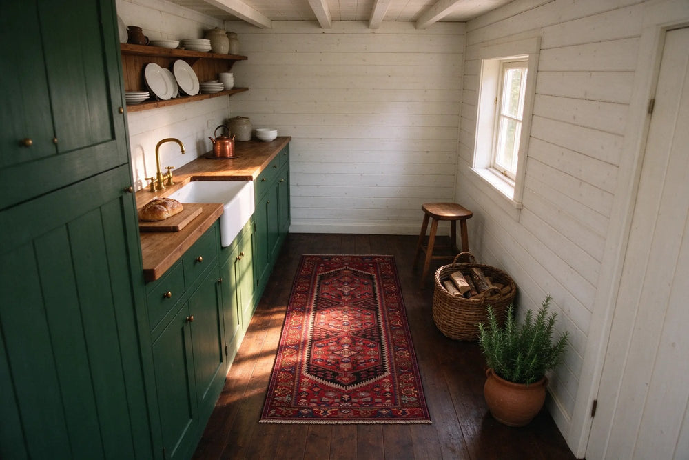 Galley kitchen in a timber cabin with green cabinets, white board walls and dark pine floor, a deep red runner between the counters
