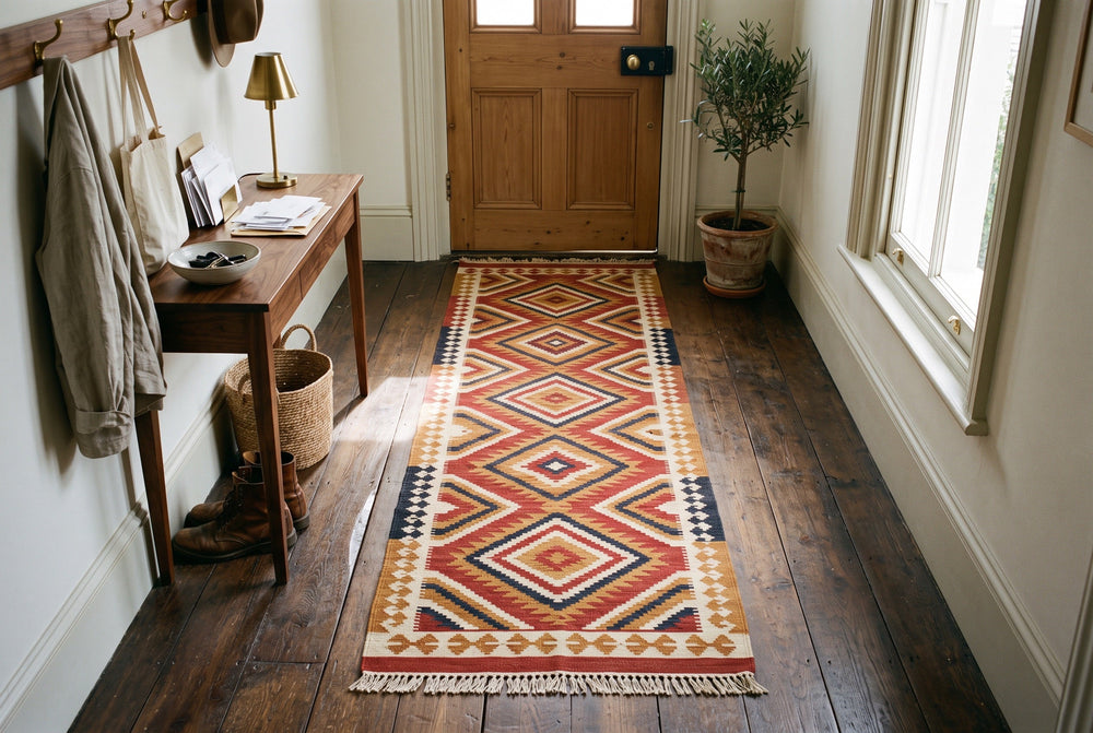 a flat-woven Turkish kilim runner on the dark boards of a lived-in entrance hall