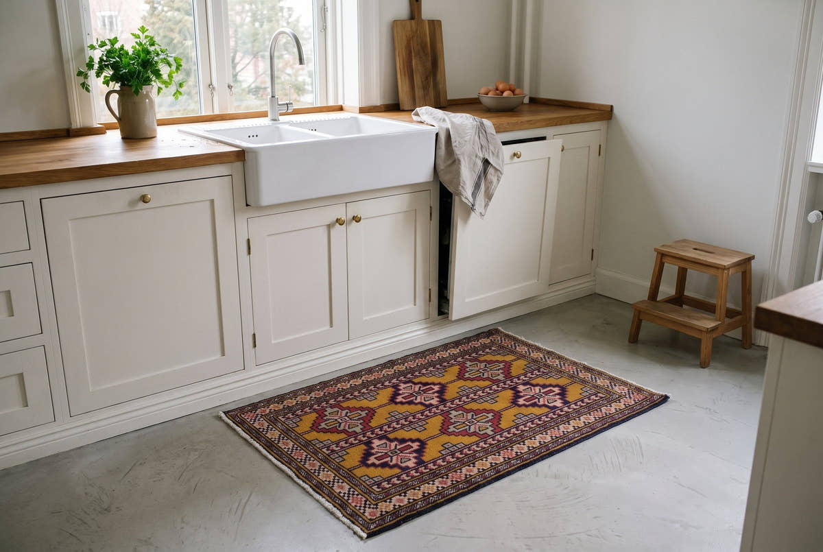 A small vintage Persian Torkaman mat with a mustard field in a bright Copenhagen kitchen