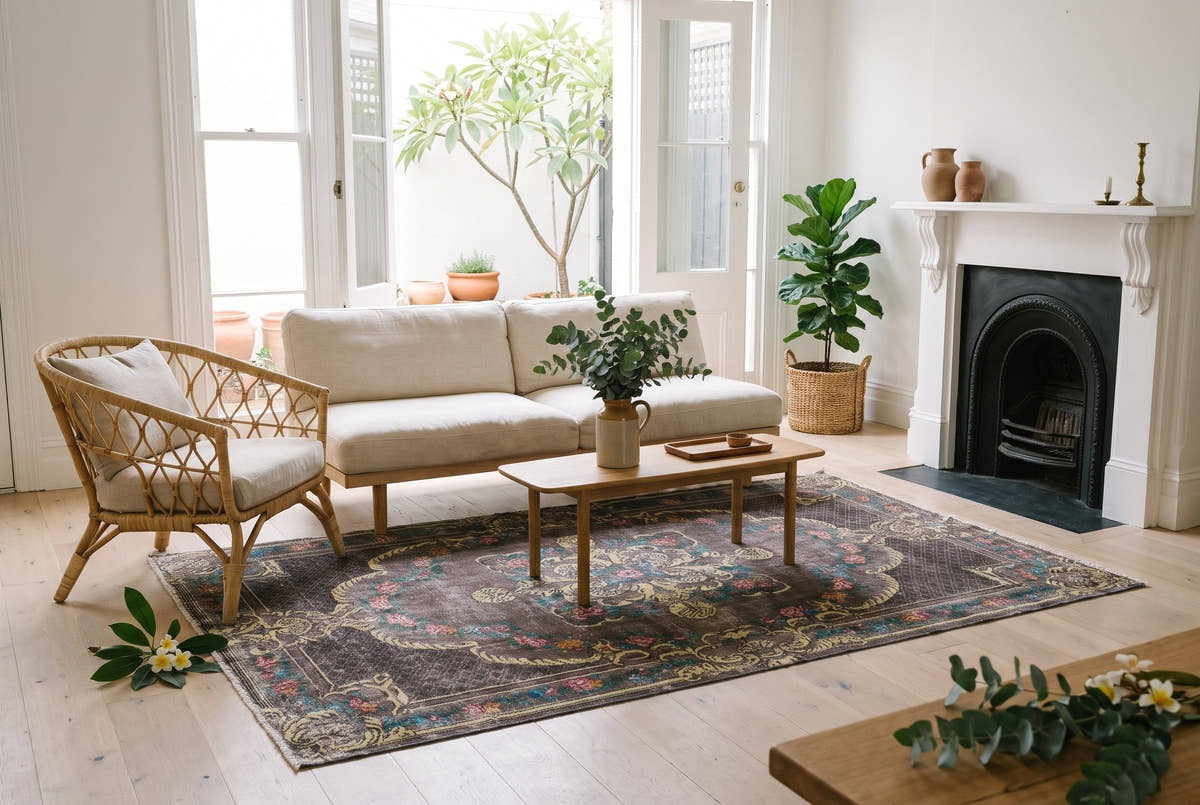 A charcoal vintage Turkish Isparta rug with a gold medallion in a Victorian terrace house in Melbourne