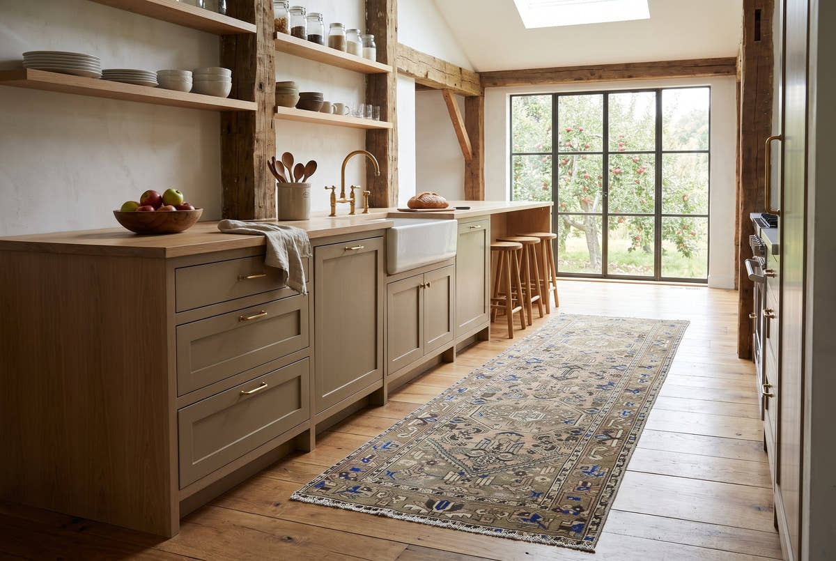 A soft olive vintage Persian Shiraz runner in the open kitchen of a converted 19th-century timber barn in the Hudson Valley, New York