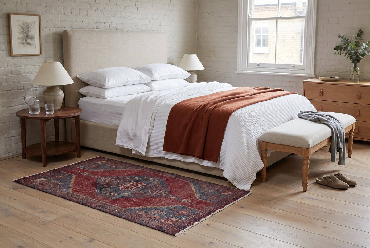 A faded red and slate blue vintage Persian Zanjan rug beside the bed in a converted 1860s mews house in Notting Hill, London