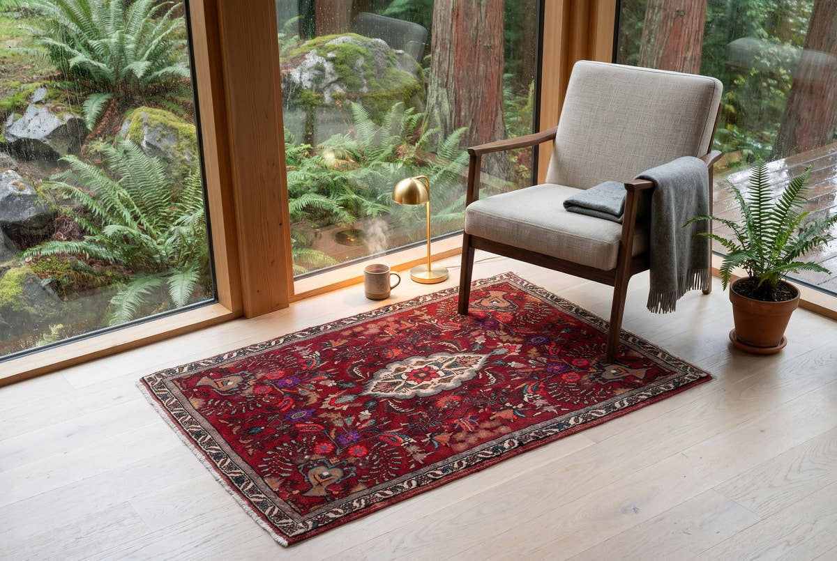 A small red vintage Persian Bijar rug in front of a reading chair by a rainy forest window in North Vancouver