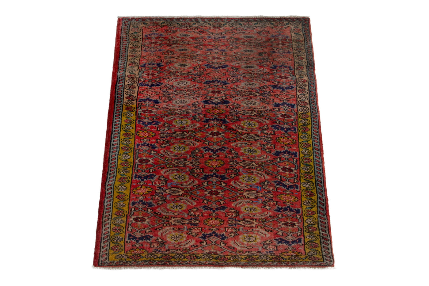 Persian Bijar accent rug in deep red and mustard, view 2 of 8