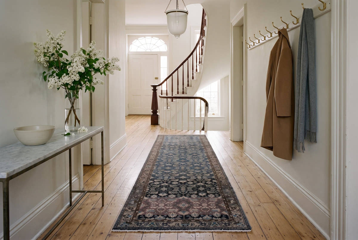 A slate blue vintage Persian Malayer runner with abrash bands down a sunlit entrance hall in Baltimore
