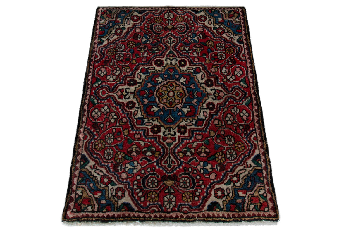 Persian Malayer accent rug in deep red and cream, view 2 of 8