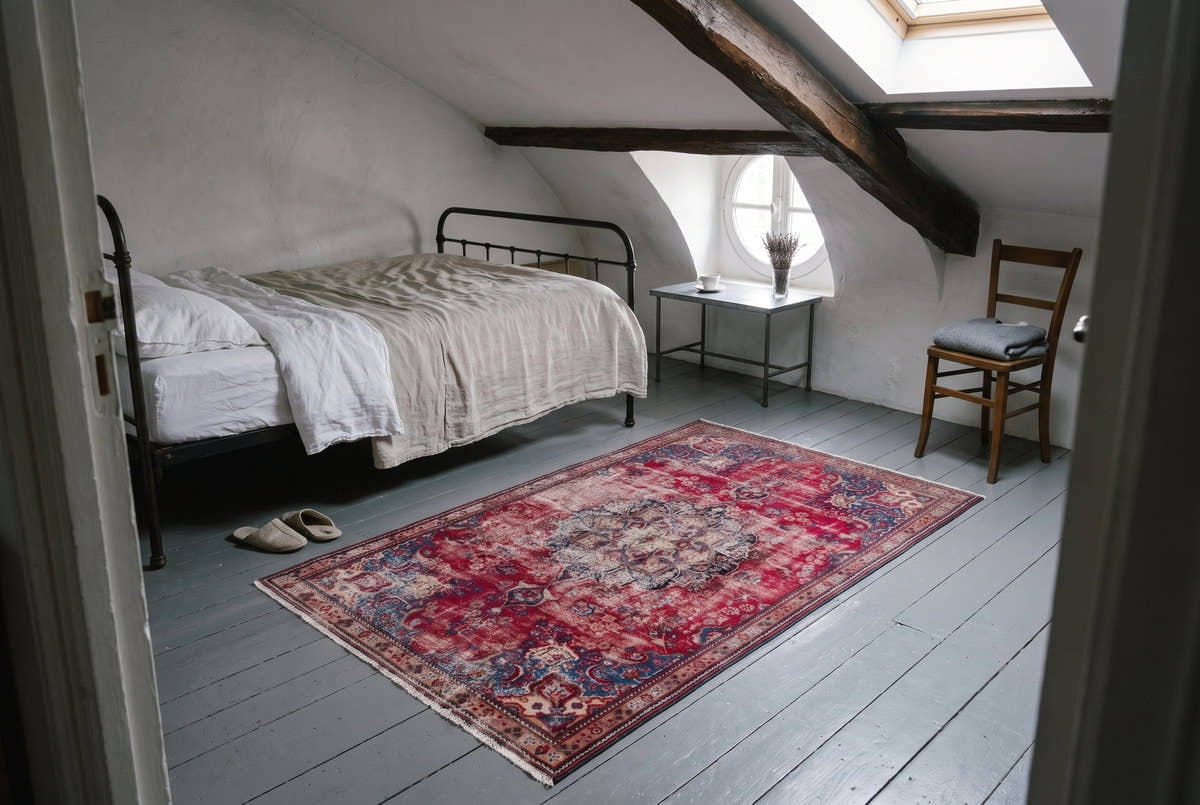 A worn red Sabzevar rug with a dark central medallion on gray painted floorboards in a quiet attic bedroom under a skylight
